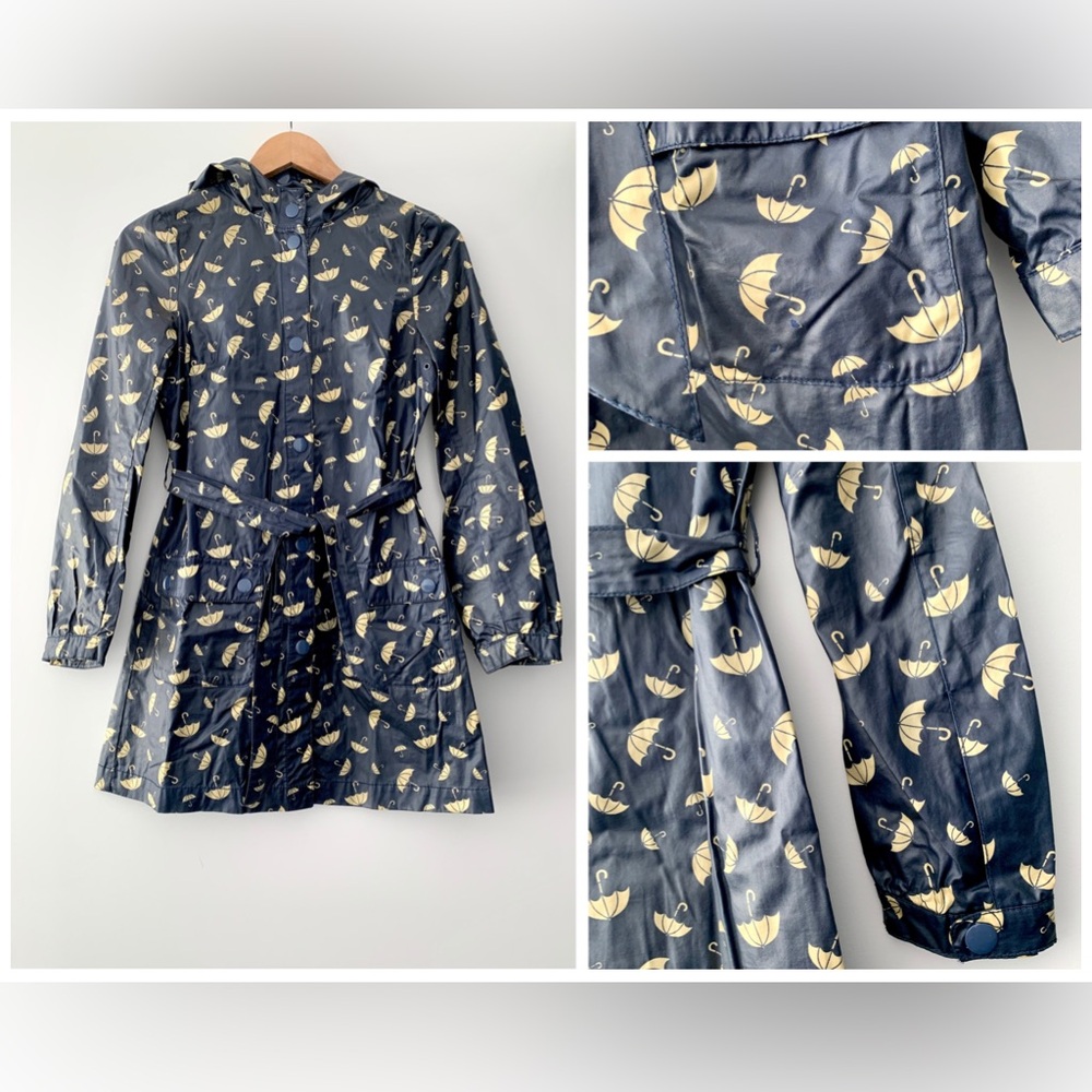 Super cute ☂️ well-loved H&M navy umbrella print hooded belted trench RAINCOAT